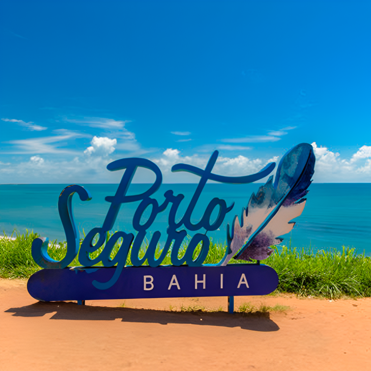 Placa turística "Porto Seguro Bahia" à beira-mar