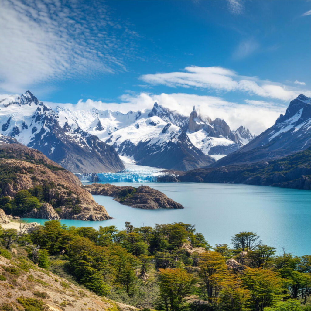 Lago glacial turquesa cercado por montanhas nevadas na Patagônia chilena